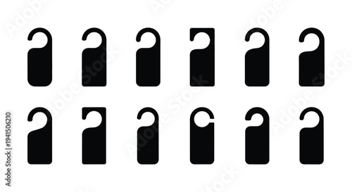 Collection of twelve black vector graphic illustrations representing various door hanger tag shapes for hotels or rooms