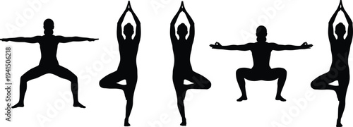 Black silhouette set of women practicing various yoga poses including tree pose and goddess pose isolated on white background