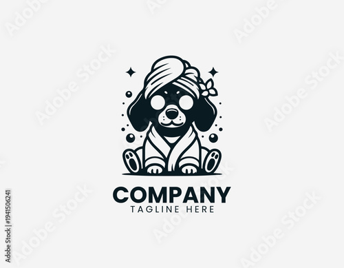 Cute dachshund dog in spa bathrobe with cucumber eyes black vector logo illustration isolated on white background
