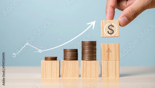 Wooden blocks with coins and dollar sign showing financial growth