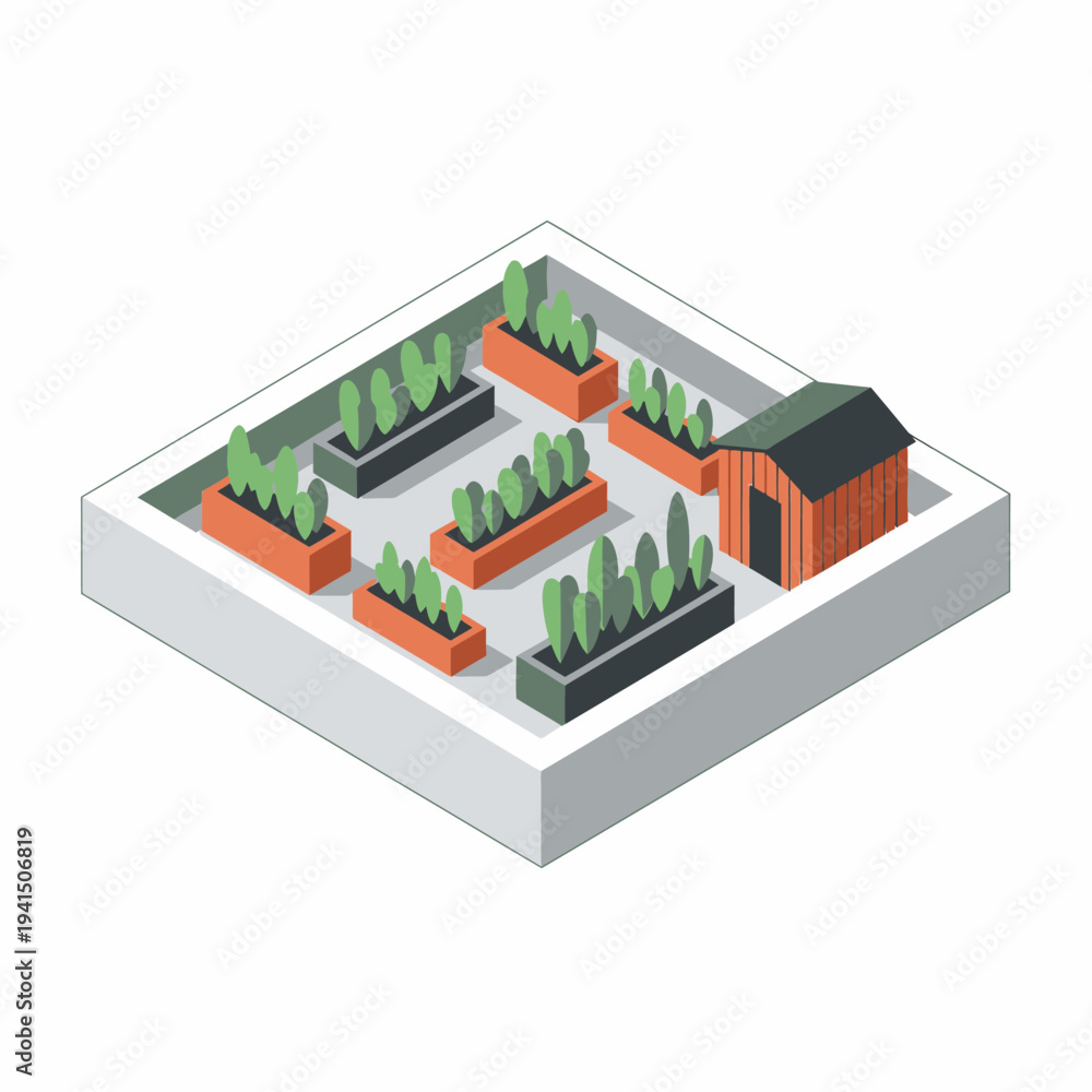 Fototapeta premium Isometric Raised Garden Bed With Shed and Plants.