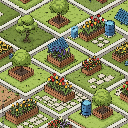 Isometric Garden Plots with Flowers and Solar Panels.