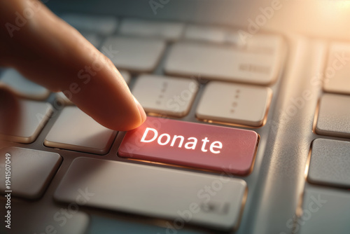 Donate Blood Finger Pressing Red Donate Key on Keyboard for Charitable Giving and