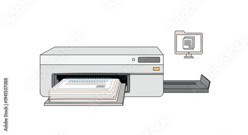 Vector illustration of a printer with paper tray and computer monitor icon
