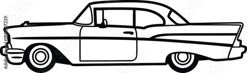 Classic Black and White Coupe Car Illustration with Detailed Outlines.
