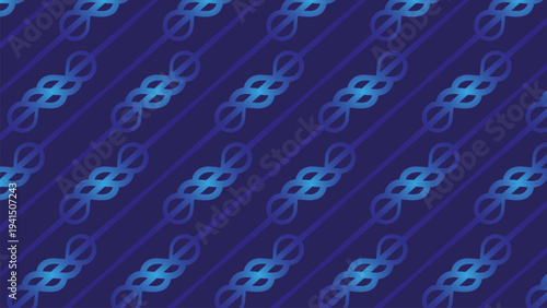 Repeating pattern of blue interconnected rings on dark blue background.