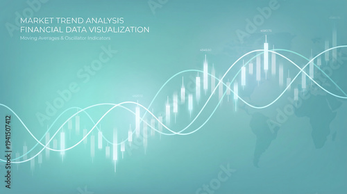 Financial market trend analysis with candlestick charts and world map overlay
