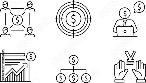 Finance and Investment Target Line Icon Set Featuring Money Strategy, Profit Growth Chart, Business Distribution, and Financial Management