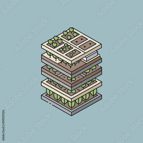 Vertical Farming Stacked Layers Growing Plants Isometric View.