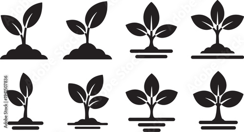 Set of black silhouettes of growing plants and seedlings