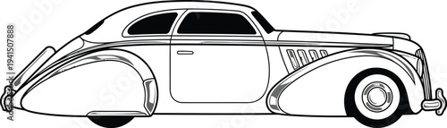 Classic Coupe Car Illustration Detailed Side View of Vintage Automobile.