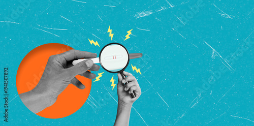 Artistic collage with hands holding a magnifying glass over a pregnancy test with two stripes on a blue background, symbolizing pregnancy.