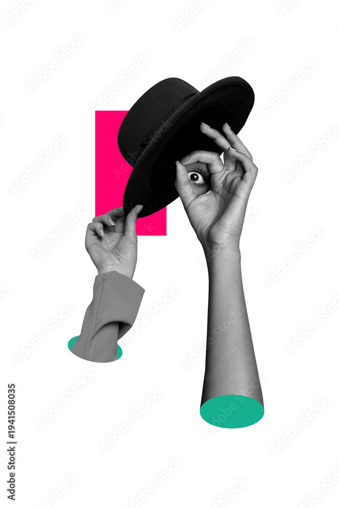 Obraz premium Creative trend collage of&nbsp;hands hold eye watching headwear hat mister supervision look&nbsp;weird freak bizarre unusual fantasy