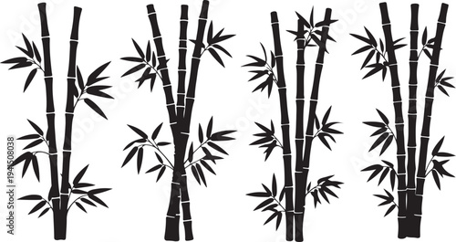 Bamboo Stalks and Leaves in Black and White Illustration