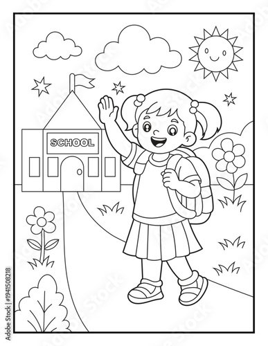Wallpaper Mural Girl Going to School Coloring Page for Kids. Simple Cartoon School Girl   Line Art Printable Activity Sheet for Children. Back to School Worksheet Torontodigital.ca
