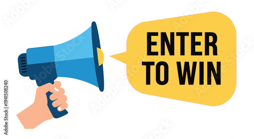 Hand holding a blue megaphone with the text enter to win displayed