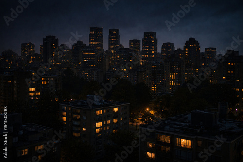 City skyline at night during Earth Hour with reduced lights. Symbol of global energy saving and climate awareness.