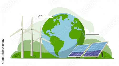 Vector illustration of renewable energy, earth, wind turbines and solar panels
