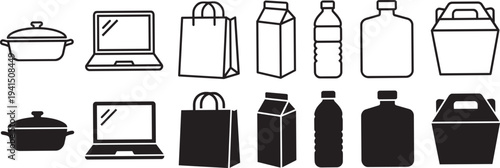 Collection of kitchenware and packaging items in simple line art