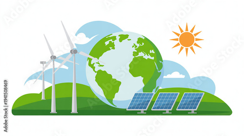 Vector illustration of renewable energy sources, earth, sun, wind turbines, solar panels