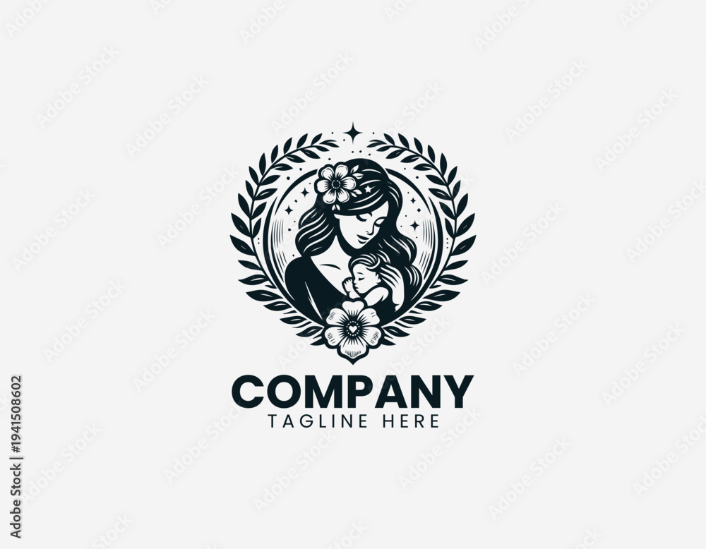 Fototapeta premium Mother holding baby inside heart frame black vector logo illustration isolated on white background