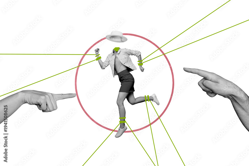 Fototapeta premium Composite trend artwork sketch image photo collage of checkered page space miniature young lady headless run hand manipulate control rope