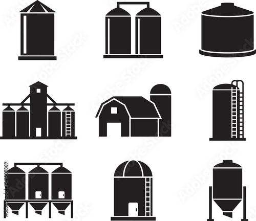 Collection of black farm building silhouettes on white background