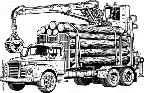 Detailed Black and White Illustration of a Log Truck with Crane and Logs.