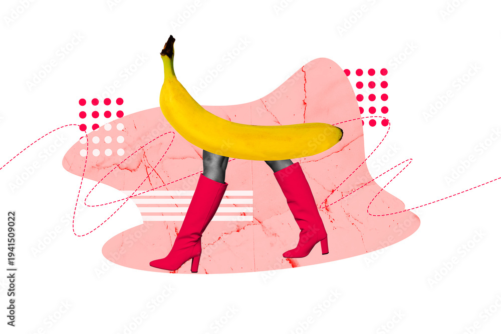 Obraz premium Composite sketch image design trend artwork collage of cuisine tasty meal restaurant banana fruit body legs walk step wear style boots