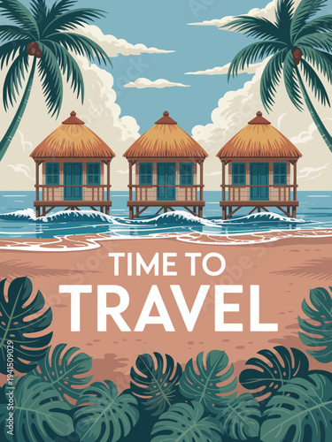Time to Travel Poster, white capital letters in center with TIME TO on top line and TRAVEL below in larger text, turquoise color palette