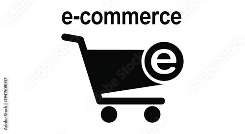 Black shopping cart icon with an e and the text e commerce below