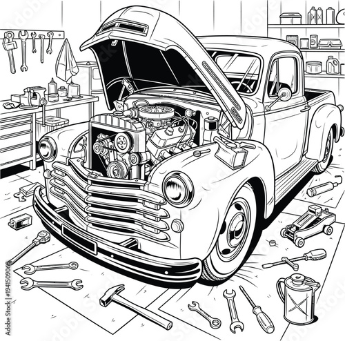 Detailed Black and White Illustration of Classic Pickup Truck with Open Hood.