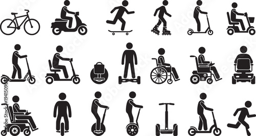 Various people using different mobility aids and vehicles
