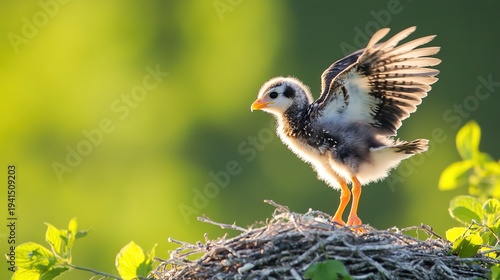 fledgling. A young bird's first flight attempt, wings flapping as it descends. wildlife magazines, conservation campaigns, designed for eco-tourism storytelling and wildlife conservation campaigns.
