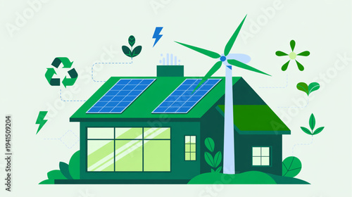 Vector illustration of eco-friendly house with solar panels and wind turbine