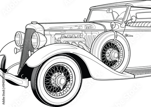Detailed Black and White Line Art Illustration of Vintage Classic Car.