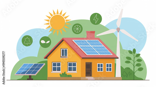 Vector illustration of eco-friendly house with solar panels and wind turbine