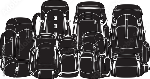 Collection of various backpacks and luggage in black outline