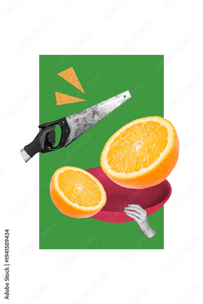 Obraz premium Exclusive image vertical photo collage of hands hold orange fruit half bowl citrus nutrition blade equipment cut tangerine