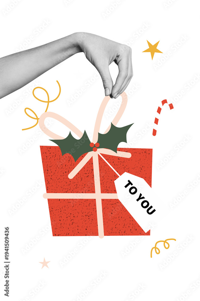 Obraz premium Trendy art vertical photo sketch collage of hand hold present box celebration new year mistletoe tradition confetti on green background