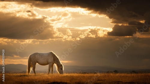 allusion. A lone horse grazing on the vast Pampas grassland under a dramatic sunset sky. inspiring travel planning, wildlife magazines, designed for wildlife conservation campaigns.