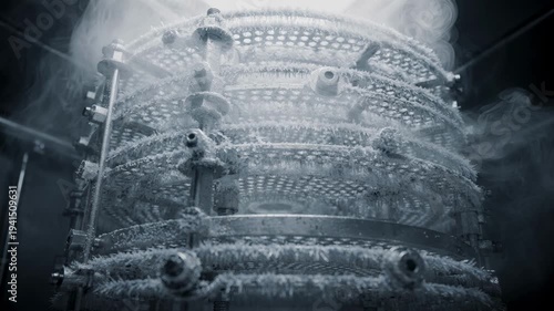 Medium shot of cryogenic distillation column interior showing detailed trays with frostcovered surfaces and rising cold vapor for a chilling industrial effect.