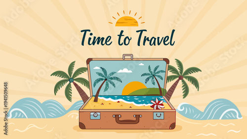 Vintage suitcase on beach with tropical getaway inside