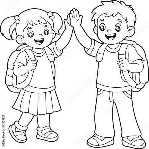 Wallpaper Mural Boy and Girl High Five. Back to School Coloring Page for Kids. Simple Cartoon School Children with Backpacks Line Art Printable Activity Sheet for Children. Torontodigital.ca