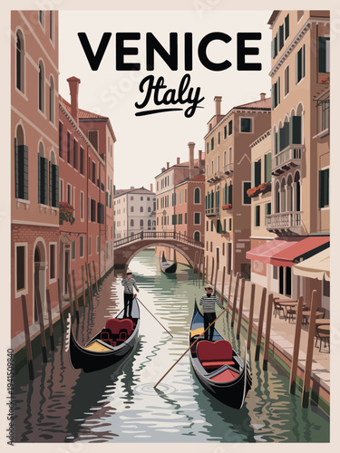 Foto Venice Italy Poster, stylized Venetian cityscape illustration, retro travel post