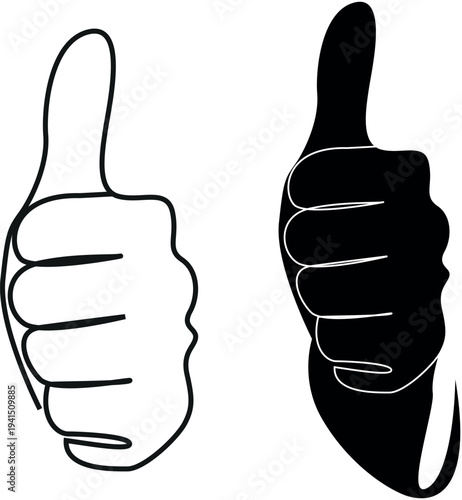 Two thumbs up hand gestures in contrasting black and white styles