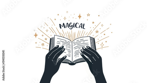 Magical book illustration with sparkling stars and hands