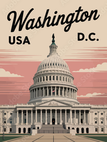 Washington D.C. Poster, stylized capital city illustration, retro travel poster aesthetic, elegant typography with cityscape elements
