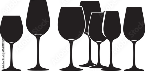 Black Silhouettes of Wine Glasses on White Background Illustration