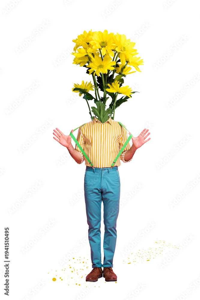 Fototapeta premium Artwork photo collage sketch of plant holiday botanical season flower bouquet young man headless caricature stand model posing gentleman